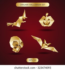 Gold origami Halloween set. witch, skull, pumpkin, bat