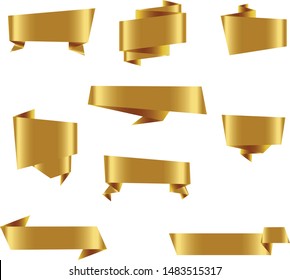 Gold Origami Ribbon Set InIsolated For Celebration And Winner Award Banner White Background, Vector Illustration can use for anniversary, birthday, party, event, holiday, Ied mubarak And religious day