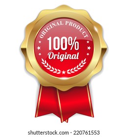 Gold original product badge with red ribbon on white background