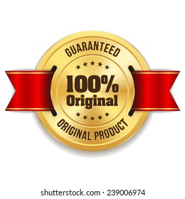 Gold original product badge with red ribbon on white background