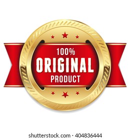 Gold original product badge, rosette with red ribbon