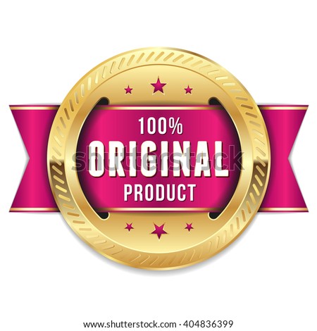 Gold original product badge, rosette with purple ribbon