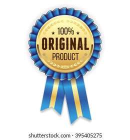 Gold original product rosette, badge with blue ribbon on white background