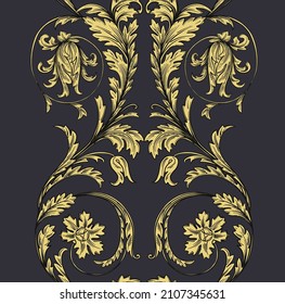 Gold ornament with flowers. Print with baroque swirls. Vintage vector pattern on a black background.