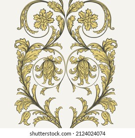 Gold ornament with flowers. Print with baroque swirls. Vintage vector.