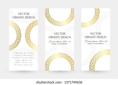 Gold ornament. Graceful vertical flayers with decoration elements on the white background. Vector illustration for event invitation, ceremony card or celebration banner.
