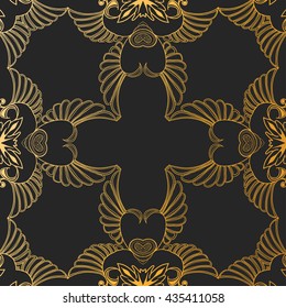 gold ornament on black background. golden decor can be use for invitation, wedding, greeting card, cover, packing, vector illustration