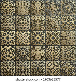 Gold ornament on black. Islamic pattern set. Arabic geometric pattern bundle, east ornament, indian ornament, persian motif. Eid mubarak wall art gold texture template.