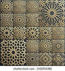 Gold ornament on black. Islamic pattern set. Arabic geometric pattern bundle, east ornament, indian ornament, persian motif. Eid mubarak wall art gold texture template.