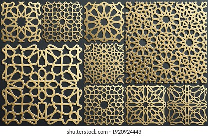 Gold ornament on black. Islamic pattern set. Arabic geometric pattern bundle, east ornament, indian ornament, persian motif. Eid mubarak wall art gold texture template.