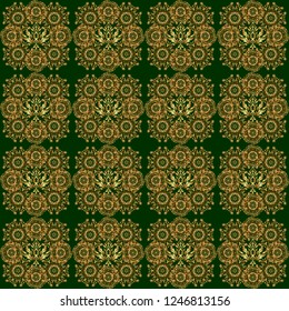 Gold ornament seamless pattern. Golden vector print on green background for design invitation, card, wallpaper or fabric.