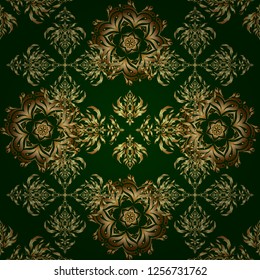 Gold ornament seamless pattern. Golden vector print on green background for design invitation, card, wallpaper or fabric.