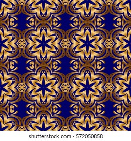 Gold ornament seamless pattern. Golden vector print on blue background for design invitation, card, wallpaper or fabric.