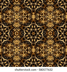 Gold ornament seamless pattern. Golden vector print on black background for design invitation, card, wallpaper or fabric.