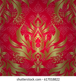 Gold ornament seamless pattern. Golden vector print on red background for design invitation, card, wallpaper or fabric.