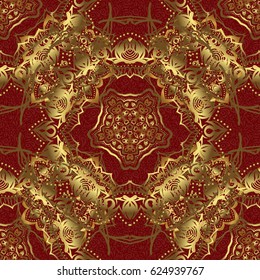 Gold ornament seamless pattern. Golden vector print on red background for design invitation, card, wallpaper or fabric.