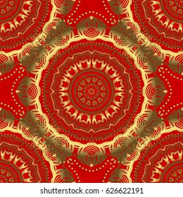 Gold ornament seamless pattern. Golden vector print on red background for design invitation, card, wallpaper or fabric.