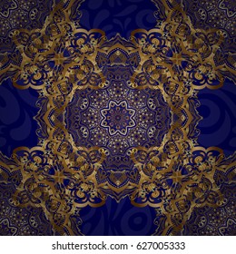 Gold ornament seamless pattern. Golden vector print on blue background for design invitation, card, wallpaper or fabric.