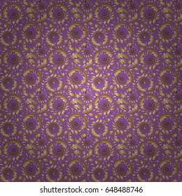 Gold ornament seamless pattern. Golden vector print on violet background for design invitation, card, wallpaper or fabric.