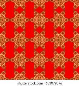 Gold ornament seamless pattern. Golden vector print on red background for design invitation, card, wallpaper or fabric.