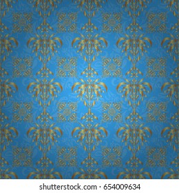 Gold ornament seamless pattern. Golden vector print on blue background for design invitation, card, wallpaper or fabric.