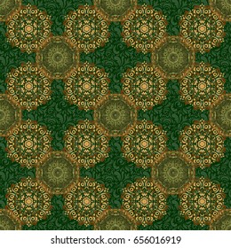 Gold ornament seamless pattern. Golden vector print on green background for design invitation, card, wallpaper or fabric.