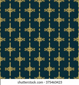 gold ornament from soft interlocking gold lines on a green background, vector