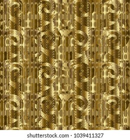 Gold ornamental 3d vector seamless pattern. Golden vintage background. Floral gold grunge ornaments with vertical stripes, borders, swirl, curves, flowers, leaves. Abstract surface rich wallpaper.