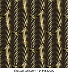 Gold ornamental abstract 3d vector seamless pattern. Tiled vintage ornament. Striped surface shapes, lines. Ornate textured design. Geometric paterned background. Repeat modern backdrop. 