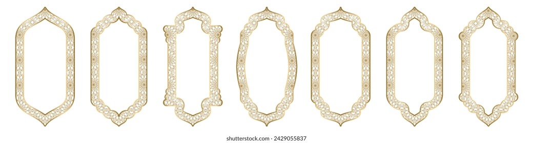 Marco de arco arabesco ornamental de oro forma puerta islámica o ventana con patrón geométrico girikh, silueta arco árabe. Ambientado en estilo oriental. Marcos en árabe diseño musulmán Ramadan Kareem. Vector