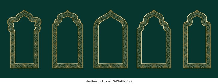 Gold ornamental arch frame shape Islamic door or window with geometric girikh pattern, silhouette Arabic arch. Luxury set in oriental style. Frames in Arabic Muslim design for Ramadan Kareem. Vector