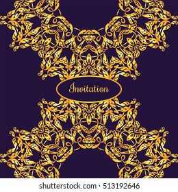 Gold ornamental card with antique, luxury violet background and vintage frame, victorian banner, baroque style booklet, fashion pattern, template for design.