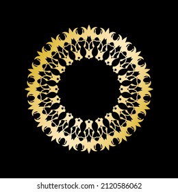 Patrón circular dorado sobre fondo negro. Diseño de plantilla de tarjeta. Ilustración vectorial.
