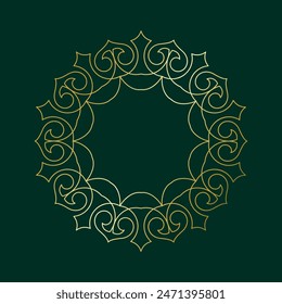 Gold ornamental circular pattern on dark green background. Card template design. Vector illustration.