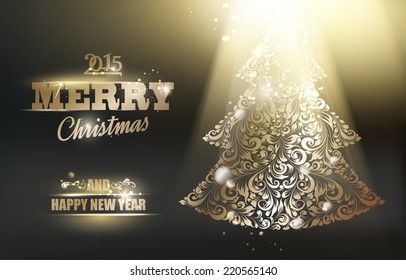 Gold ornamental fir-tree glow over dark background on christmas night. Vector illustration.
