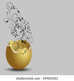 Gold Ornamental Flowers Emerging From Broken Egg Shells. Eps 10 Vector.