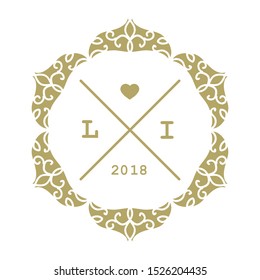gold ornamental frame with crossed lines, heart and  initial letters, vector emblem  template