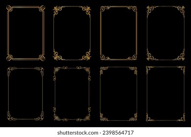 Gold ornamental frames and filigree floral ornaments. Vintage rectangular calligraphic borders retro.