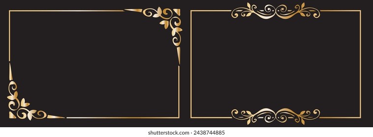 Gold ornamental frames and filigree floral ornaments. Vintage rectangular calligraphic borders retro. isolated on black background. Vector illustration. EPS 10