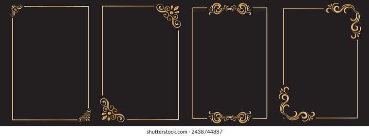 Gold ornamental frames and filigree floral ornaments. Vintage rectangular calligraphic borders retro. isolated on black background. Vector illustration. EPS 10