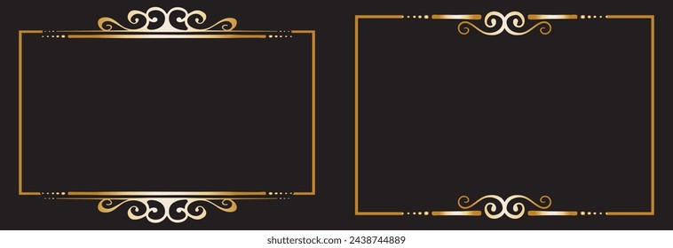 Gold ornamental frames and filigree floral ornaments. Vintage rectangular calligraphic borders retro. isolated on black background. Vector illustration. EPS 10