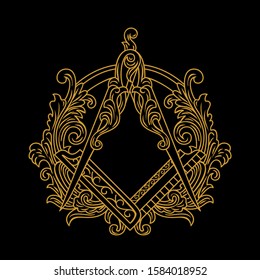 Gold Ornamental Freemason Square And Compass Symbol vector illustrations