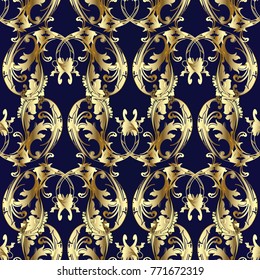 Gold ornamental paisley seamless pattern. 3d Baroque ornaments. Floral vector background with golden ornate paisley flowers in baroque style. Scroll leaves. Surface royal texture for wallpapers, print