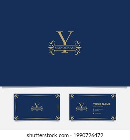 Gold ornamental ribbon on letter Y monogram initial logo in blue background with business card template