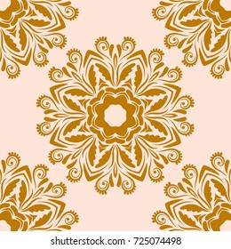 Gold ornamental round doodle flower isolated on pink background, mandala, circle element. Vector illustration.