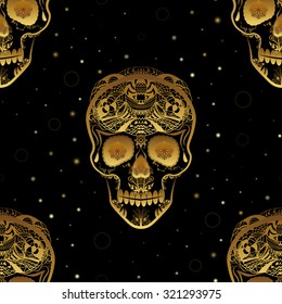 Gold ornamental sugar skull seamless pattern. Dia de los Muertas (Day of the Dead). 