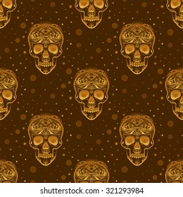 Gold ornamental sugar skull seamless pattern. Dia de los Muertas (Day of the Dead). 