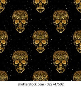 Gold ornamental sugar skull seamless pattern. Dia de los Muertas (Day of the Dead). 