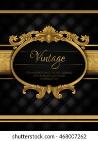 Gold ornamental vintage label with other golden elements on black upholstered background.