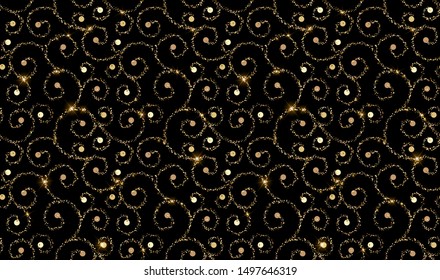 Gold ornametal pattern. Abstract modern background. Vector illustration. Dark backdrop with shiny golden pieces.